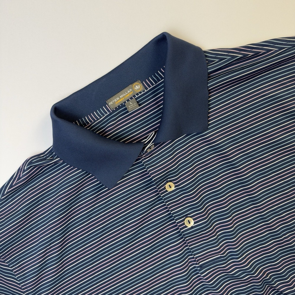 Peter Millar Men's Summer Comfort Golf‎ Short Sleeve Polo Blue Stripped Large